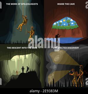 Höhlenforscher Abstieg in die Höhle unterirdische Entdeckung 4 flache Ikonen Quadratische Komposition Banner abstrakt isoliert Vektor Illustration Stock Vektor