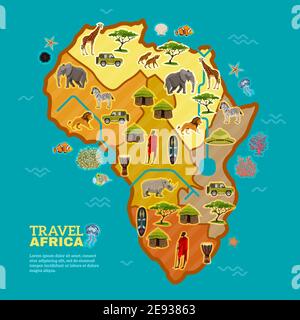 Afrikanischer Kontinent Plakat mit verschiedenen Arten von Tourismus bevölkern geteilt Flora und Fauna auf dem Meer Hintergrund Vektor-Illustration Stock Vektor