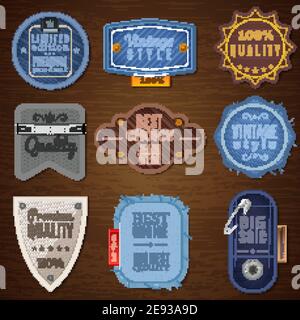Vintage Denim Label Ikonen auf Holz Hintergrund mit verschiedenen Formen vektorgrafik Stock Vektor