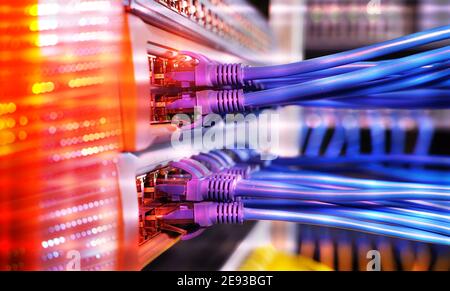 Server Rack mit blauen und roten internet Patchkabel Kabel schwarz Patchpanel in Daten verbundenen Server Zimmer Stockfoto