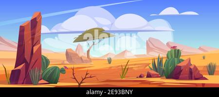 Wustenlandschaft Mit Felsen Tropischem Baum Gras Und Bluhenden Kakteen Vektor Cartoon Illustration Von Heissen Sandwuste In Afrika Mit Steinen Dune Und Pflanzen Stock Vektorgrafik Alamy