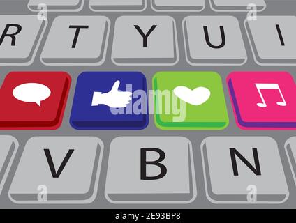 Vektortasten auf einer Tastatur mit Symbolen für soziale Medien Stock Vektor