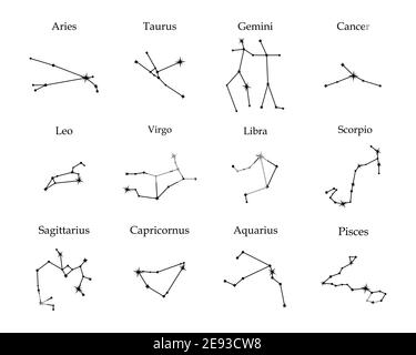 Vektor-Set Konstellationen der Zeichen des Tierkreises. Astrologie, Astronomie. Mystische Symbole. Stock Vektor