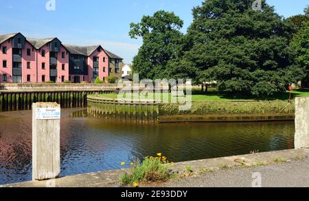 Riverside Apartments am Fluss Dart in Totnes, Devon, gegenüber der Insel Vire. Stockfoto