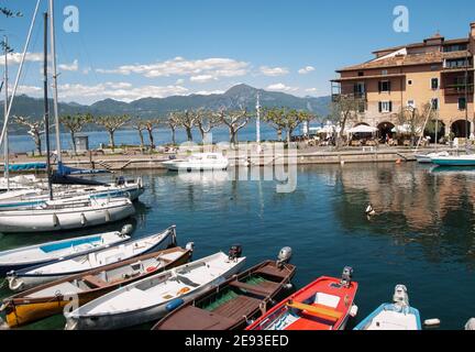 Fischerboote im kleinen Hafen von Torri del Benaco. Gardasee. Italien Stockfoto