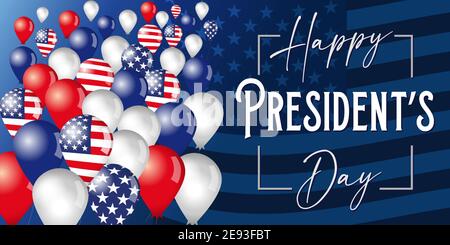 Happy Presidents Day Poster mit fliegenden Luftballons auf Flaggenhintergrund. Vektor-Illustration handgezeichnete Text-Schriftzug für Präsidenten Tag USA Stock Vektor