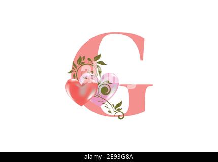 Florales Alphabet, Buchstabe G mit zwei Herzen. Monogramm Initialen für Hochzeitseinladungen, Grußkarte etc. Valentinstag Konzept Stock Vektor