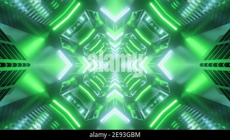 Symmetrische 3D Illustration von leuchtend grünen Neonlampen leuchten in Grobförmiger Tunnel Stockfoto