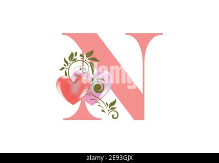 Florales Alphabet, Buchstabe N mit zwei Herzen. Monogramm Initialen für Hochzeitseinladungen, Grußkarte etc. Valentinstag Konzept Stock Vektor