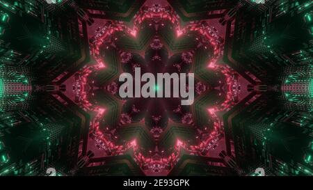 3D Illustration abstraktes Hintergrunddesign von virtuellen endlosen Raum Tunnel Mit leuchtendem roten Blumenschmuck in der Dunkelheit mit grünen Funkeln Stockfoto