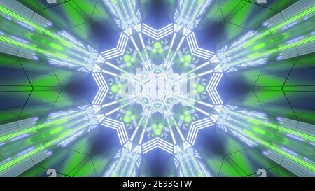 Glowing Neon 3D Illustration abstrakte Hintergrund-Design mit in grün Und Blautöne mit geometrischen Blumen geformt kaleidoskopischen Muster und Visuelle pe Stockfoto