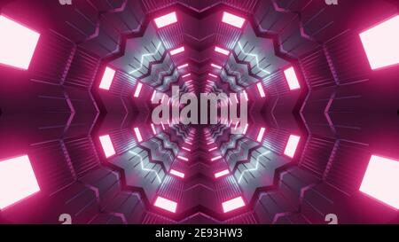 3D Illustration des geometrischen abstrakten Hintergrunds eines langen endlosen Korridors Glühend mit rosa und grünen Neonbeleuchtung Stockfoto