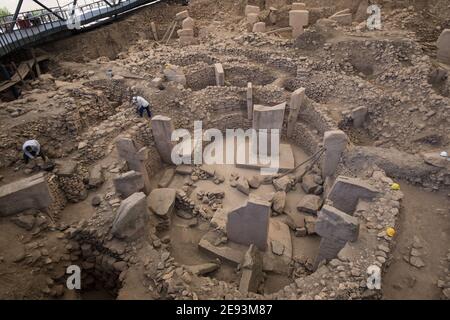 Archäologen entdecken die antike neolithische Stätte von Göbekli Tepe in der Türkei und entdecken Steinstrukturen aus über 11.000 Jahren. Stockfoto