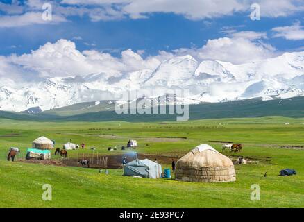 Traditionelle Jurte im Alajtal mit den Transalai Bergen mit Pik Kurumdy (6614) im Hintergrund. Das Pamir-Gebirge, Asien, Zentralasien, Stockfoto