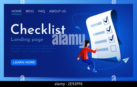 Die Leute fliegen um die Papiercheckliste herum. Manager oder Testreview Konzept. Vorlage für die Landing-Page-Website. Vektorgrafik Stock Vektor