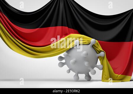 Die deutsche Nationalflagge drapierte über einem Covid-Virus-Molekül. 3D-Rendering Stockfoto