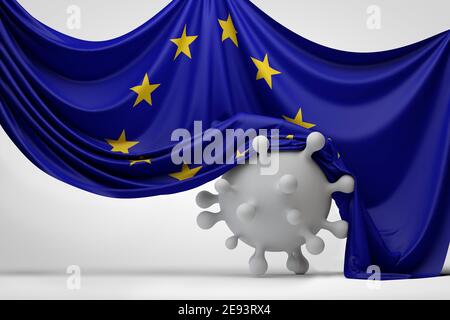 Flagge der Europäischen Union über einem Covid-Virus-Molekül. 3D-Rendering Stockfoto