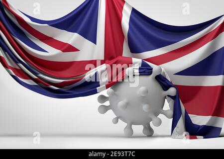 Die britische Flagge drapierte über einem Covid-Virus-Molekül. 3D-Rendering Stockfoto