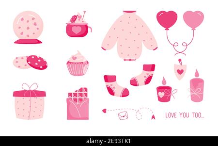 Set von Valentinstag Elemente in Cartoon-Stil. Pullover mit Herzen, Socke, Glaskugel. Feier Accessoires rosa Kerze, Schokolade, Cupcake. Ich liebe romantische Ferien. Isolierte Vektordarstellung Stock Vektor