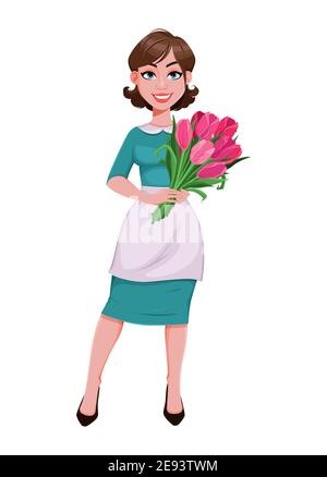 Alles gute zum Frauentag. Schöne Frau in Schürze hält einen Strauß Tulpen. Glücklich Hausfrau Cartoon Charakter. Stock Vektorgrafik auf weißem Backgro Stock Vektor