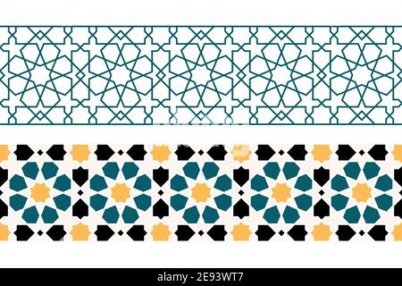 Set von geometrischen islamischen horizontal nahtlose Muster oder Dekoration Grußkarte oder Innenraum auf einer zehnfachen traditionellen Rosette basiert. Vektorgrafik Stock Vektor