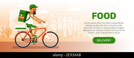 Lebensmittelzustellung Mann auf dem Fahrrad - Flyer Vorlage.Lieferung Radfahrer. Stock Vektor