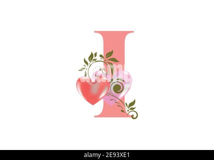 Florales Alphabet, Buchstabe I mit zwei Herzen. Monogramm Initialen für Hochzeitseinladungen, Grußkarte etc. Valentinstag Konzept Stock Vektor
