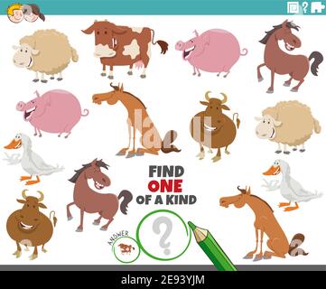 Cartoon Illustration der finden Sie eine Art Bild pädagogisch Spiel mit Comic-Bauernhof Tierfiguren Stock Vektor