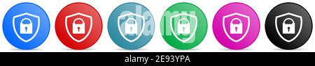 Schild mit Vorhängeschloss-Vektor-Icons, Satz von Kreis Gradienten Tasten in 6 Farben Optionen für webdesign und mobile Anwendungen