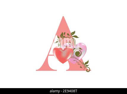 Florales Alphabet, Buchstabe A mit zwei Herzen. Monogramm Initialen für Hochzeitseinladungen, Grußkarte etc. Valentinstag Konzept Stock Vektor