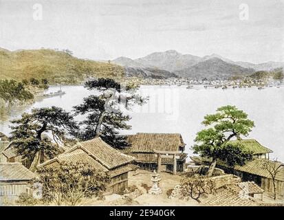 Maschinenfarbig, Nagasaki Stadtbild aus dem Buch "Rambles in Japan: Das Land der aufgehenden Sonne" von Tristram, H. B. (Henry Baker), 1822-1906. Veröffentlichungsdatum 1895. Verlag New York : Revell Stockfoto