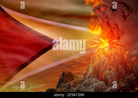 Großer Vulkanausbruch in der Nacht mit Explosion auf Guyana Flagge Hintergrund, Probleme wegen Eruption und vulkanisches Erdbeben Konzept - 3D illust Stockfoto