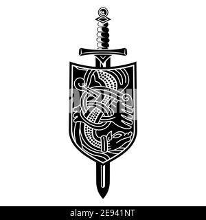 Skandinavisches Viking-Design. Drachenschild und Schwert Stock Vektor