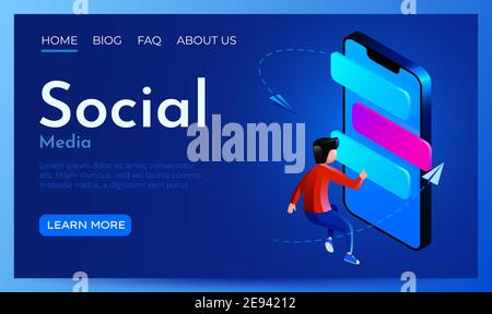 Menschen fliegen um Smartphone Witch Chat Blasen. Social Media, Messaging oder Online-Support-Konzept. Vorlage für die Landing-Page-Website. Vektorgrafik Stock Vektor