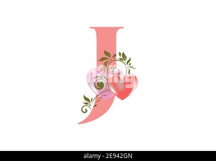 Florales Alphabet, Buchstabe J mit zwei Herzen. Monogramm Initialen für Hochzeitseinladungen, Grußkarte etc. Valentinstag Konzept Stock Vektor