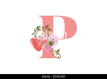 Florales Alphabet, Buchstabe P mit zwei Herzen. Monogramm Initialen für Hochzeitseinladungen, Grußkarte etc. Valentinstag Konzept Stock Vektor