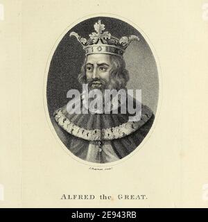 Alfred der große (848/9. – 26. Oktober 899) war König der Westsachsen von 871 bis c.. 886 und König der Angelsachsen von c. 886 bis 899. Nach der Thronbesteigung kämpfte Alfred mehrere Jahre lang gegen Wikingerinvasionen. Er gewann einen entscheidenden Sieg in der Schlacht von Edington im Jahr 878 und machte eine Vereinbarung mit den Wikingern, die Schaffung, was als die Danelaw im Norden Englands bekannt. Alfred beaufsichtigt auch die Bekehrung des Wikingerführers Guthrum zum Christentum. Er verteidigte sein Königreich gegen den Wikinger-Eroberungsversuch und wurde zum dominierenden Herrscher in England Kupferstich aus dem Encycl Stockfoto