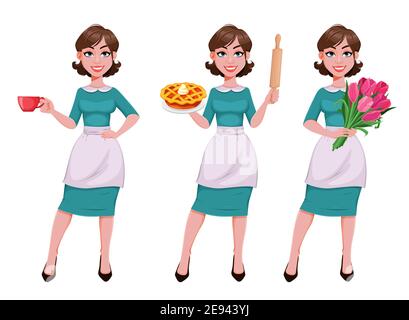 Junge glückliche Haushälterin, Mutter, schöne erfolgreiche Frau. Fröhliche Dame, Hausfrau in Schürze, Satz von drei Posen. Vektorgrafik für Aktien Stock Vektor