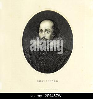 Porträt von William Shakespeare [hier als Shakspeare] (Taufen. 26. April 1564 – 23. April 1616) war ein englischer Dramatiker, Dichter und Schauspieler, weithin als der größte Schriftsteller in der englischen Sprache und der größte Dramatiker der Welt angesehen. Kupferstich aus der Encyclopedia Londinensis oder, Universal Wörterbuch der Künste, Wissenschaften und Literatur; Band XXIII; herausgegeben von Wilkes, John. Veröffentlicht 1828 in London Stockfoto