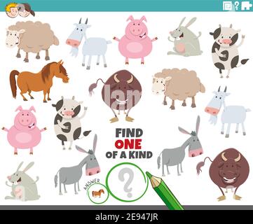 Cartoon Illustration der finden Sie eine Art Bild pädagogisch Spiel mit lustigen Bauernhof Tierfiguren Stock Vektor