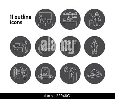 Massendesinfektion schwarze Glyphen-Symbole gesetzt. Reinigungsservice. Arbeiter im Schutzanzug mit Desinfektionssprüher. Piktogramme für Web, mobile App, Promo. Stock Vektor