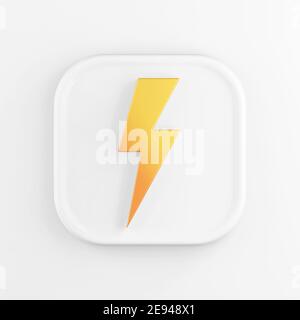 3D Rendering quadratische weiße Taste Symbol, gelbe Blitz isoliert auf weißem Hintergrund Stockfoto