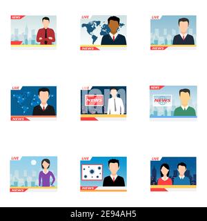 Anchor TV-Moderatoren man Kollektion. Online Breaking News Set Konzept Vektor Illustration. Flaches Design der Ausstrahlung auf Stadthintergrund. Stock Vektor