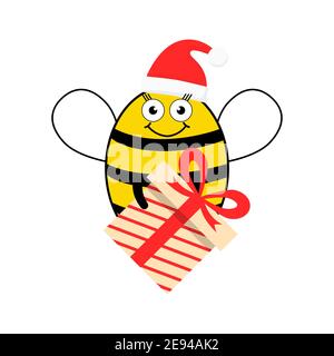 Cartoon Biene Charakter mit Überraschung Illustration. Cute Biene tragen Weihnachtsmann Hut und Geschenk-Box Vektor isoliert auf weiß. Konzept für frohe Weihnachten. Stock Vektor