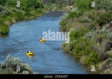 Touristen genießen eine Fluss-Rafting-Ausflüge entlang des Rio Grande in der Nähe von Taos, New Mexico. Stockfoto