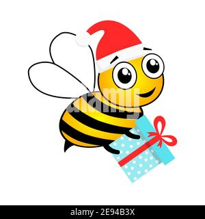 Cartoon Biene Charakter mit Überraschung Illustration. Cute Biene tragen Weihnachtsmann Hut und Geschenk-Box Vektor isoliert auf weiß. Konzept für frohe Weihnachten. Stock Vektor