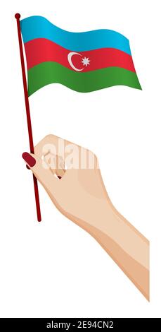 Weibliche Hand hält sanft kleine Flagge von Aserbaidschan. Design-Element Urlaub. Cartoon-Vektor auf weißem Hintergrund Stock Vektor