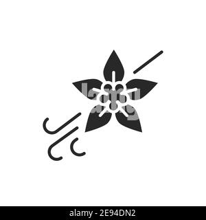 Vanilleschoten und Blume mit Beschriftung schwarze Glyphe Symbol. Vektorgrafik Stock Vektor