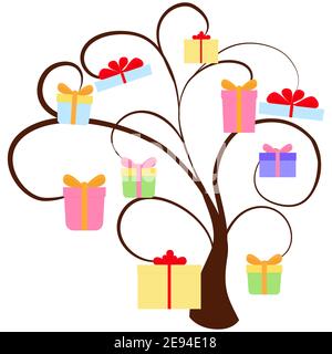 Urlaub flach Design Baum mit bunten Geschenkboxen isoliert auf weiß. Big Sale Rabatt Konzept Vektor Illustration. Stock Vektor