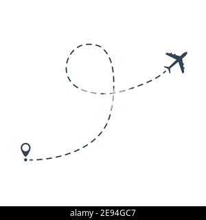 Vektorsymbol für den Linienweg des Flugzeugs. Reisekonzept. Flugstrecke mit Startpunkt und Linienführung isoliert auf weißem Hintergrund Stock Vektor